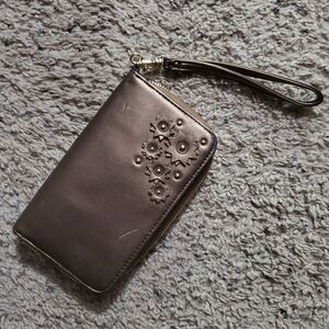 Target brown metallic flower applique clutch wallet wrist bag wristlet